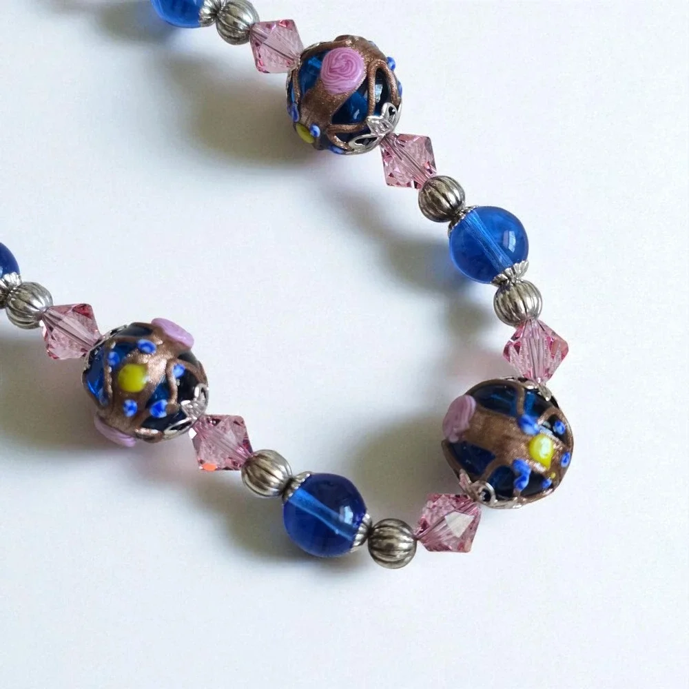 Murano Glass Wedding Cake Bead Necklace Sterling 925 Blue Pink Venetian Lampwork